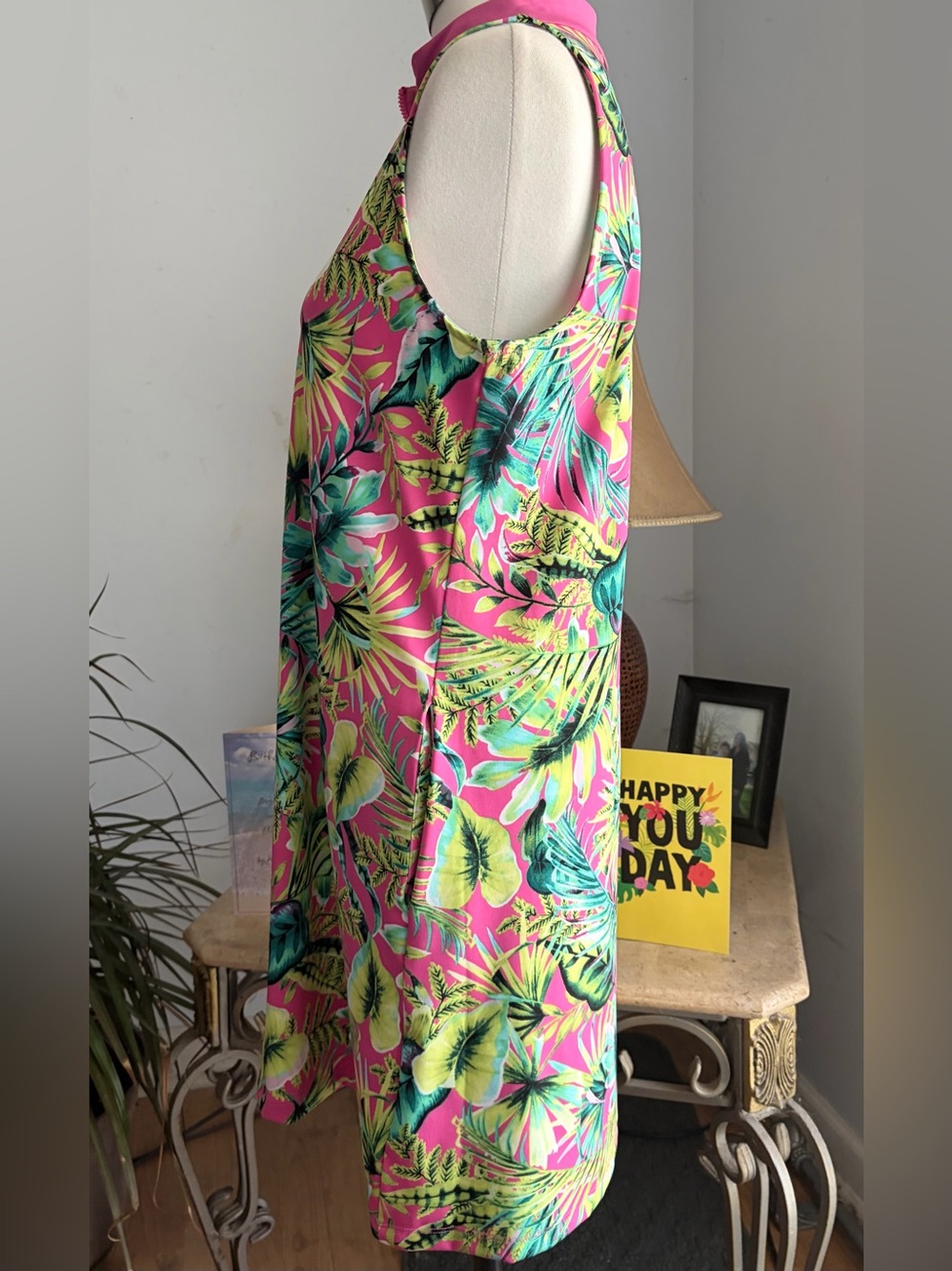 Tommy Bahama Pink Tropical Leaf Sleeveless Dress With Pockets & Front Zip Size L - Picture 8 of 16